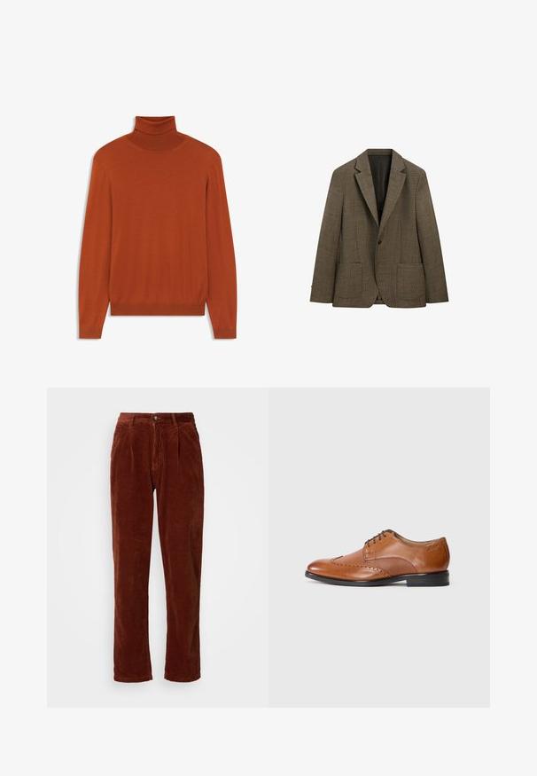 Brauner Ein-Knopf-Blazer mit kleinem Karomuster, mit Kerbkragen, aufgesetzten Taschen vorne und langen Ärmeln, dargestellt auf weißem Hintergrund.; Rostfarbener Rollkragenpullover aus weichem Material. Figurbetontes Design mit langen Ärmeln und geripptem Kragen sowie Saum. Glatte Textur im gesamten Pulli.; Cordhosen in einer satten Brauntönung; mit einer gefalteten Vorderseite, geraden Beinen und einem Knopfverschluss am Bund.; Braune Leder-Halbschuhe mit perforierten Details, Schnürdesign, runder Zehenpartie und schwarzer Gummisohle. Deutlich ausgeprägte Nähte betonen das Design.