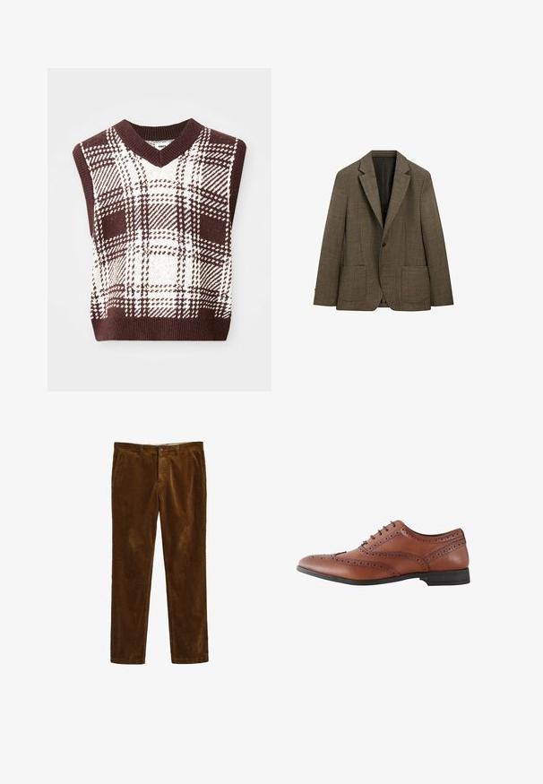 Brauner Ein-Knopf-Blazer mit kleinem Karomuster, mit Kerbkragen, aufgesetzten Taschen vorne und langen Ärmeln, dargestellt auf weißem Hintergrund.; Braun-beige karierter, gestrickter ärmelloser Pullover mit V-Ausschnitt und geripptem Saum, der verschiedene Schottenmuster und Texturen aufweist.; Braune Cordhosen mit geradem Bein, ausgestattet mit einem Frontknopfverschluss und zwei Seitentaschen. Strukturierter Stoff mit geripptem Muster.; Brauner Herrenschuh aus Leder im Brogue-Stil mit dekorativen Perforationen und schwarzer Sohle, seitliche Ansicht.