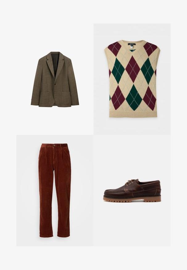 Brun enkeltknaps blazer med lille ternet mønster, hakkede revers, forlommer med lap, og lange ærmer, vist på hvid baggrund.; Ærmeløs beige strikket vest med bordeaux og mørkegrønne argyle diamantmønstre og V-hals krave.; Corduroybukser i en rig brun farve; har en plisseret front, lige ben og en knaplukning ved taljen.; Brun læder bådsko med stikninger, snørebåndsdesign og robust gummisål med bølgede mønstre for godt greb.