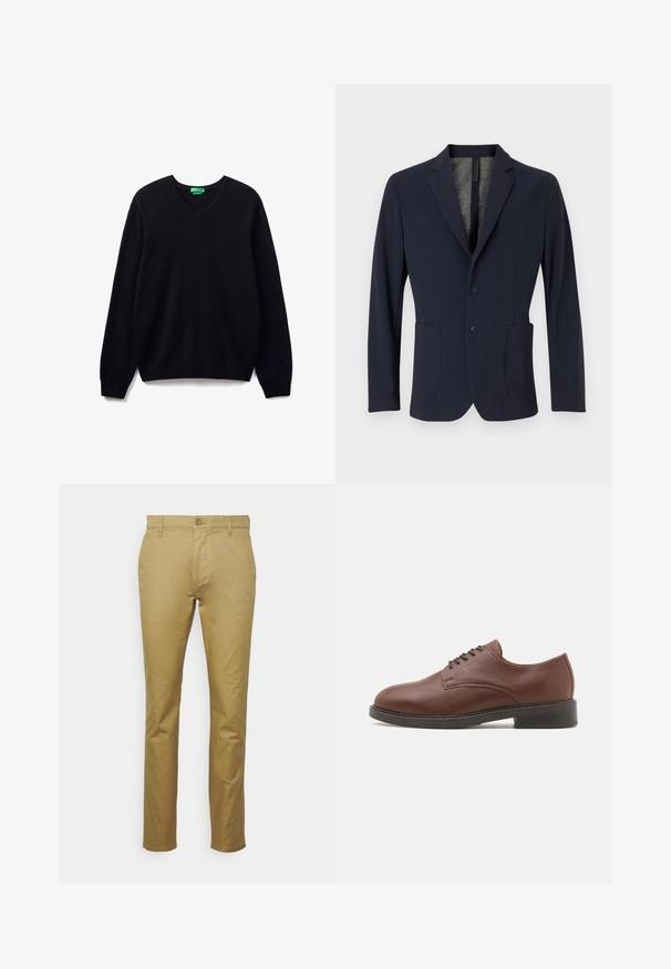 Blazer navy de tela suave, con cierre de un solo botón, dos bolsillos frontales y un forro interior sutilmente texturizado.; Suéter negro de cuello en V, fabricado con un tejido suave, que cuenta con mangas largas y puños y dobladillo acanalados. Diseño simple sin patrones o acentos adicionales.; Chinos caqui elaborados con algodón suave, que presentan un diseño clásico de pierna recta, bolsillo delantero y un cierre de un solo botón en la cintura.; Zapato de vestir de cuero marrón con punta redondeada, diseño de cordones y suela de goma negra sólida. Textura suave con un brillo sutil.