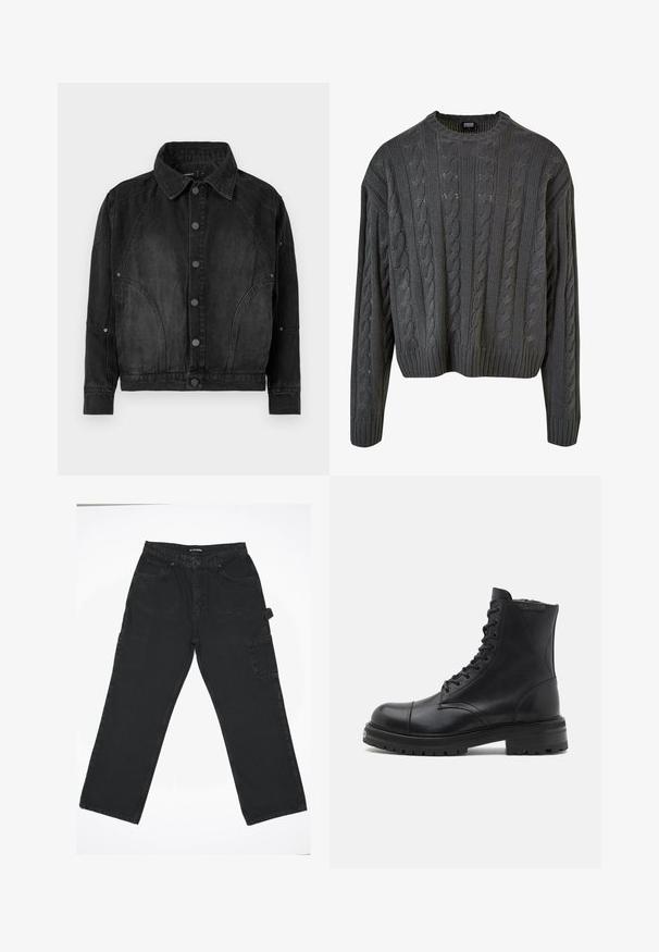 Schwarze Denimjacke mit Knopfverschluss, spitzem Kragen, langen Ärmeln und abgerundeten Nahtdetails an der Vorderseite und den Ärmeln.; Dunkelgrauer, grob gestrickter Pullover mit Rundhalsausschnitt, fallenden Schultern und geripptem Saum. Verfügt über strukturierte Muster im gesamten Design.; Schwarze Denim-Hose mit geradem Bein, ausgestattet mit einem Frontknopfverschluss, Gesäßtaschen und einer seitlichen Cargo-Tasche.; AllSaints HANK - Schnürstiefelette - black
