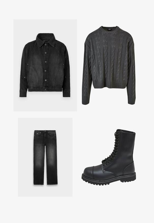 Sort denimjakke med knapper foran, spidse krave, lange ærmer og buede søm-detaljer på forsiden og ærmerne.; Cable-strikket pullover i mørkegrå med rund halsudskæring, drop-skulder og ribbet bund. Har teksturerede mønstre overalt.; Sorte jeans med lige ben, fem lommer, knaplukning og diskret falming på lår og knæ, lagt fladt på en neutral baggrund.; Sort læder kampstøvle med høj skaft, snørebånd foran, polstret krave og en robust tekstureret sål for godt greb. Har forstærket tåhætte.