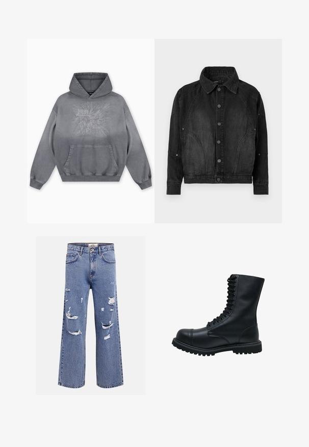 Zwarte denimjacket met knoopsluiting aan de voorkant, puntige kraag, lange mouwen en gebogen naaddetails aan de voorkant en mouwen.; Grijze capuchontrui met een gestructureerde print met de tekst "FAVELA Worldwide" en een adelaarontwerp, voorzak in kangarustijl en geribbelde manchetten.; Blauwe denim jeans met wijde pijpen en meerdere gescheurde en versleten plekken op de voorkant van de dijen en knieën, knoop- en ritssluiting, en riemlussen.; Zwarte leren veterschoen met een ronde neus, hoge schacht, dikke rubberen zool en een gestructureerd oppervlak. Heeft versterkte stiksels langs de naden.