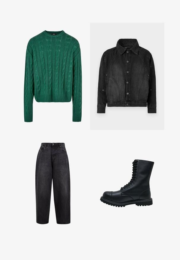 Chaqueta de mezclilla negra con cierre de botones, cuello puntiagudo, mangas largas y detalles de costura curvada en el frente y las mangas.; Suéter verde de punto trenzado con cuello redondo y mangas largas. Presenta un diseño corto y un patrón texturizado en toda la prenda.; Pantalones vaqueros de mezclilla negra de pierna ancha con una cintura alta, que presentan un cierre de botón, bolsillos frontales y una textura ligeramente envejecida para un look casual.; Botín de cuero negro con cordones, punta redonda, caña alta, suela de goma gruesa y superficie texturizada. Presenta costuras reforzadas a lo largo de las uniones.