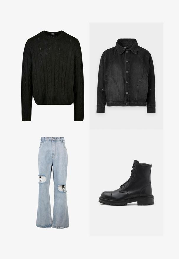 Zwarte denimjacket met knoopsluiting aan de voorkant, puntige kraag, lange mouwen en gebogen naaddetails aan de voorkant en mouwen.; Zwart gebreid sweater met kabelpatronen, ronde hals, verlaagde schouders en geribbelde zoom. Halve crop ontwerp met een textuurafwerking.; Lichtblauwe denim spijkerbroek met een hoge taille en brede pijpen, met opvallende versleten gaten op beide knieën en rafelige randen rond de scheuren.; AllSaints HANK - Veterboots - black