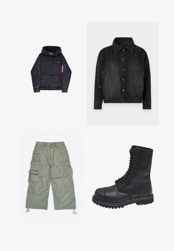 Sort denimjakke med knapper foran, spidse krave, lange ærmer og buede søm-detaljer på forsiden og ærmerne.; Sort melange hoodie med kængurulomme, justerbar snor i hætten, logo-patch på brystet og sidelomme med rødt mærke.; Lysegrønne cargoshorts med flere klaplommer, bæltestropper, knaplukning og justerbare snore ved benåbningerne.; Sort læder kampstøvle med høj skaft, snørebånd foran, polstret krave og en robust tekstureret sål for godt greb. Har forstærket tåhætte.