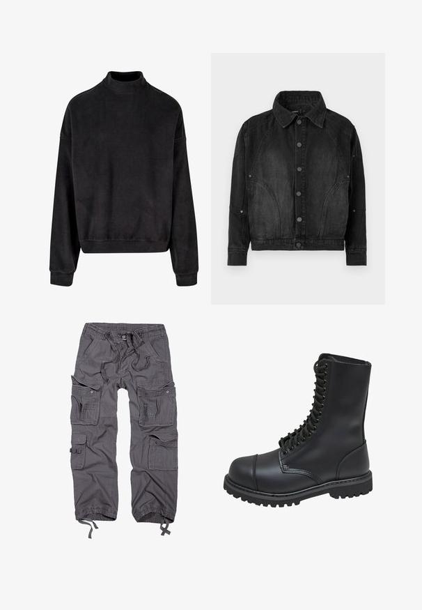 Veste en denim noir avec un devant à boutons, un col pointu, des manches longues et des coutures arrondies sur le devant et les manches.; Sweat-shirt noir avec un col montant, des manches longues et une coupe décontractée. Fabriqué dans un tissu doux avec une texture lisse et des poignets à rayures.; Pantalons cargo gris avec de multiples poches, taille à cordon, fermeture à bouton, poignets fuselés et finition en tissu texturé.; Botte de combat en cuir noir avec un haut tige, fermeture lacée à l'avant, col rembourré et semelle texturée robuste pour une meilleure adhérence. Dotée d'un capuchon de protection renforcé.