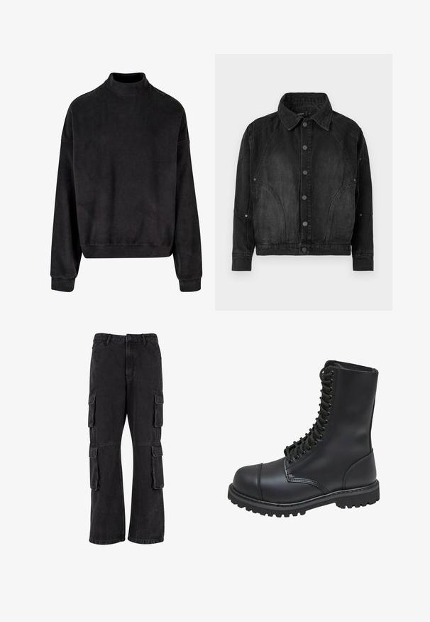 Sort denimjakke med knapper foran, spidse krave, lange ærmer og buede søm-detaljer på forsiden og ærmerne.; Sort sweatshirt med høj hals, lange ærmer og en afslappet pasform. Lavet af et blødt stof med en glat tekstur og ribbede manchetter.; Sorte cargo-bukser lavet af denim, med en løs pasform, flere sidelommer og syet detaljer. Teksturen er let falmet.; Sort læder kampstøvle med høj skaft, snørebånd foran, polstret krave og en robust tekstureret sål for godt greb. Har forstærket tåhætte.