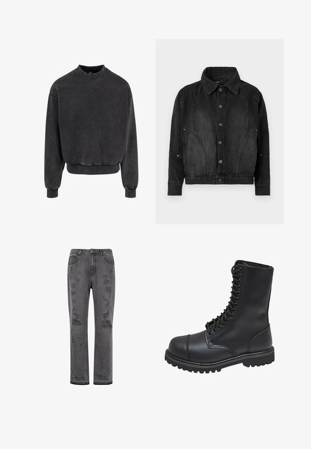 Zwarte denimjacket met knoopsluiting aan de voorkant, puntige kraag, lange mouwen en gebogen naaddetails aan de voorkant en mouwen.; Zwarte cropped sweatshirt met ronde halslijn, ribgebreide manchetten en onderkant. Gemaakt van zachte stof met een licht vervaagd uiterlijk.; Grijze denim rechtvaardige jeans met verweerde details, met zichtbare scheuren en een licht afgeronde zoom, en sluiting met zilverkleurige knopen.; Zwarte leren gevechtslaars met een hoge schacht, vetersluiting aan de voorkant, gewatteerde kraag en een stevige, gestructureerde zool voor grip. Bevat een versterkte neus.