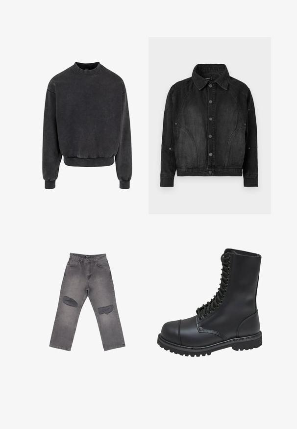 Sort denimjakke med knapper foran, spidse krave, lange ærmer og buede søm-detaljer på forsiden og ærmerne.; Sort cropped sweatshirt med rund halsudskæring, ribbestrikkede manchetter og kant. Fremstillet af blødt materiale med et let falmet udseende.; Grå denimjeans med høj talje, vide ben og store slidte pletter på begge knæ, med forlommer og bæltestropper.; Sort læder kampstøvle med høj skaft, snørebånd foran, polstret krave og en robust tekstureret sål for godt greb. Har forstærket tåhætte.