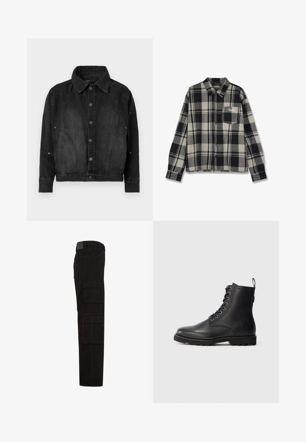 Veste en denim noir avec un devant à boutons, un col pointu, des manches longues et des coutures arrondies sur le devant et les manches.; Chemise en flanelle à carreaux noirs et crème, à manches longues, avec une fermeture à boutons, une poche poitrine simple et un logo brodé discret sur la poche.; Pantalon cargo noir avec plusieurs grandes poches à rabat, passants de ceinture, et une coupe droite, vu de côté.; Bottine en cuir noir avec bout rond, design à lacets et œillets métalliques. Dispose d'une semelle texturée et d'une languette au talon pour un enfilage facile.