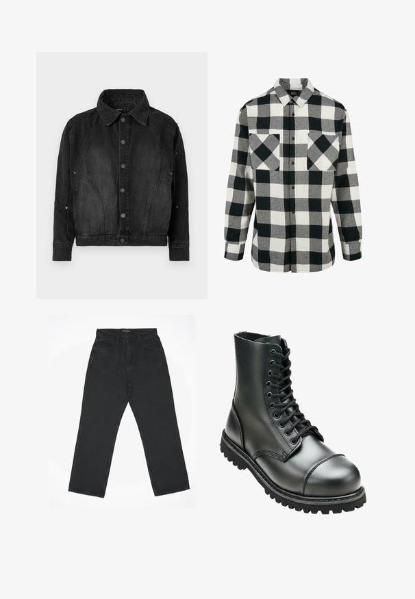 Zwarte denimjacket met knoopsluiting aan de voorkant, puntige kraag, lange mouwen en gebogen naaddetails aan de voorkant en mouwen.; Zwart-wit geruit flanellen shirt met een groot ruitpatroon, lange mouwen, een knoopsluiting aan de voorkant en twee borstzakken. Gemaakt van zachte stof.; Zwarte rechte jeans met vijf zakken en een ritssluiting, plat gelegd op een witte achtergrond, met het label "2Y STUDIOS" in de tailleband.; Zwarte leren combatboot met hoge enkel, ronde neus, vetersluiting aan de voorkant, en robuuste rubberen zool met diepe profiel voor grip.