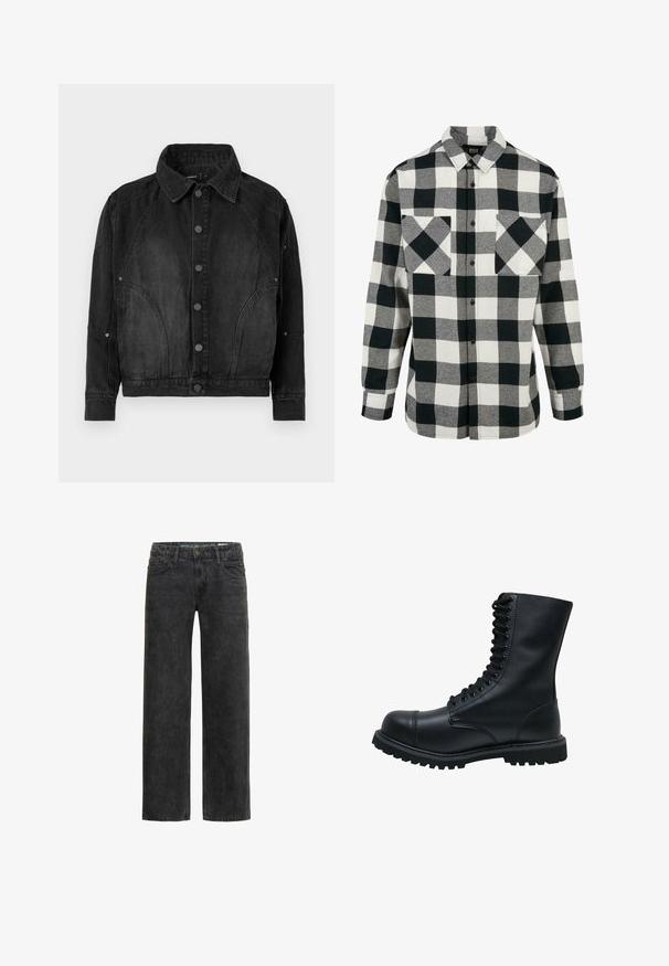 Zwarte denimjacket met knoopsluiting aan de voorkant, puntige kraag, lange mouwen en gebogen naaddetails aan de voorkant en mouwen.; Zwart-wit geruit flanellen shirt met een groot ruitpatroon, lange mouwen, een knoopsluiting aan de voorkant en twee borstzakken. Gemaakt van zachte stof.; Zwarte denim jeans met een ontspannen pasvorm, rechte pijpen, vijf-pocket ontwerp en een subtiele vervaagde textuur. Voorzien van een knoop- en ritssluiting.; Zwarte leren veterschoen met een ronde neus, hoge schacht, dikke rubberen zool en een gestructureerd oppervlak. Heeft versterkte stiksels langs de naden.