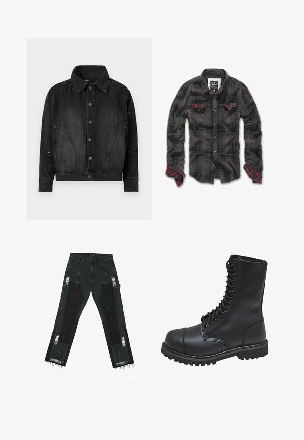 Veste en denim noir avec un devant à boutons, un col pointu, des manches longues et des coutures arrondies sur le devant et les manches.; Chemise en flanelle à carreaux noirs avec des accents rouges sur les poches poitrine et les poignets, dotée d'un devant à boutons et d'un design de col classique.; Jeans en denim noir avec des patches déchirés, des ourlets effilochés et des accents texturés. Taille mi-haute avec un design standard à cinq poches.; Botte de combat en cuir noir avec un haut tige, fermeture lacée à l'avant, col rembourré et semelle texturée robuste pour une meilleure adhérence. Dotée d'un capuchon de protection renforcé.