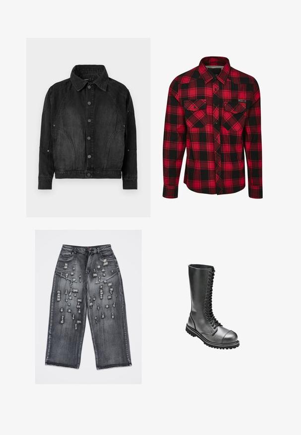 Schwarze Denimjacke mit Knopfverschluss, spitzem Kragen, langen Ärmeln und abgerundeten Nahtdetails an der Vorderseite und den Ärmeln.; Rot-schwarz karierter Flanellhemd mit langen Ärmeln, Knopfverschluss, zwei Brusttaschen und Kragen. Texturierte Stoff mit einem karierten Muster.; Schwarze Jeans mit weitem Bein, mehreren horizontalen Rissen und abgenutzten Stellen an den vorderen Oberschenkeln und Knien.; Schwarze Leder-Schnürkampfstiefel mit hohem Schaft, runder Zehenpartie, gepolstertem Kragen und strukturiertem Gummisohle für besseren Halt.