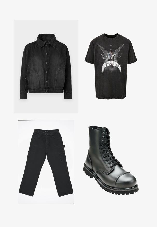 Zwarte denimjacket met knoopsluiting aan de voorkant, puntige kraag, lange mouwen en gebogen naaddetails aan de voorkant en mouwen.; MJ Gonzales HIGHER THAN HEAVEN ACID WASHED HEAVY OVER - T-shirt print - black; Zwarte denim broek met een rechte pijpdesign, voorzien van een knoopsluiting aan de voorkant, achterzakken en een zijvak voor cargo.; Zwarte leren combatboot met hoge enkel, ronde neus, vetersluiting aan de voorkant, en robuuste rubberen zool met diepe profiel voor grip.