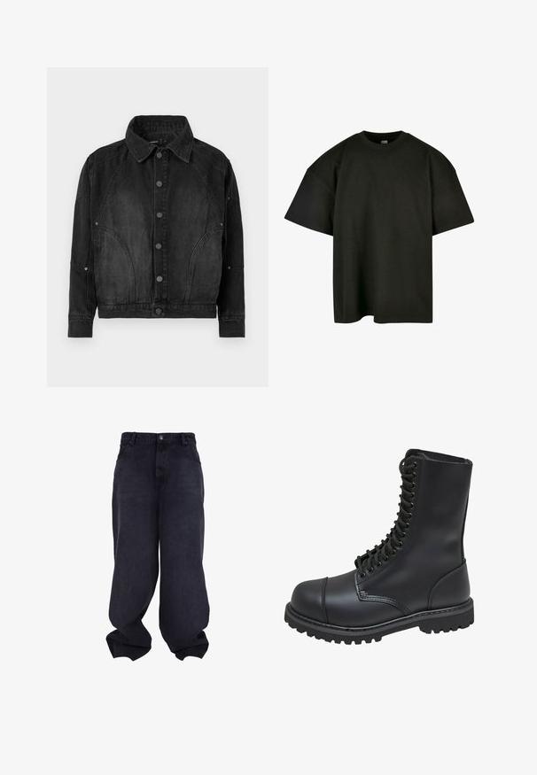 Sort denimjakke med knapper foran, spidse krave, lange ærmer og buede søm-detaljer på forsiden og ærmerne.; Sort oversized t-shirt i blød bomuld. Har en rund crew neckline og korte ærmer, med en glat tekstur og minimalistisk design.; Sorte oversized løstsiddende jeans med knap- og lynlåsfrontlukning, forlommer og løse, brede ben.; Sort læder kampstøvle med høj skaft, snørebånd foran, polstret krave og en robust tekstureret sål for godt greb. Har forstærket tåhætte.