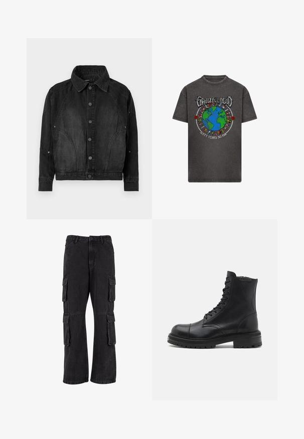 Zwarte denimjacket met knoopsluiting aan de voorkant, puntige kraag, lange mouwen en gebogen naaddetails aan de voorkant en mouwen.; Donkergrijze T-shirt met een kleurrafbeelding van de aarde omringd door dansende beren, met de tekst "Grateful Dead" erboven en "Zestig Jaar Tot Nu Toe" eronder.; Zwarte cargobroek van denim, met een losse pasvorm, meerdere zijzakken en gestikte details. De textuur is iets vervaagd.; AllSaints HANK - Veterboots - black
