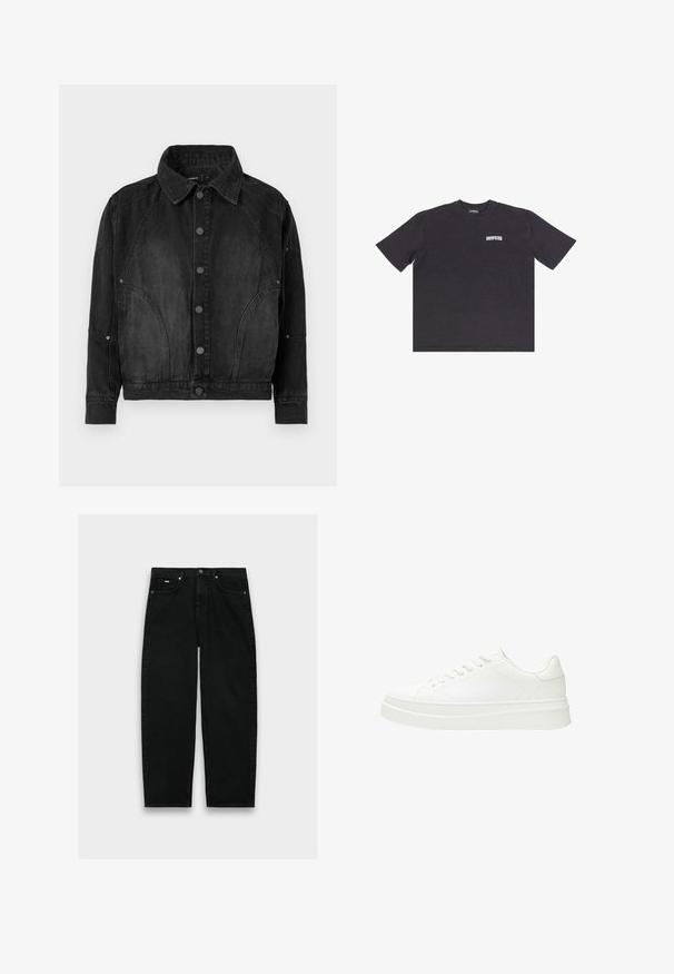 Sort denimjakke med knapper foran, spidse krave, lange ærmer og buede søm-detaljer på forsiden og ærmerne.; Sort bomulds oversized t-shirt med korte ærmer, rund halsudskæring og hvid "DROPSIZE" tekst på forsiden. Glat tekstur, afslappet design.; Sorte jeans med høj talje og lige ben, fem lommer, knaplukning og bæltestropper på hvid baggrund.; Hvid sneaker med en glat læderoverdel, flade snørebånd og en tyk gummisål. Minimalistisk design med diskret syning og glatte detaljer.