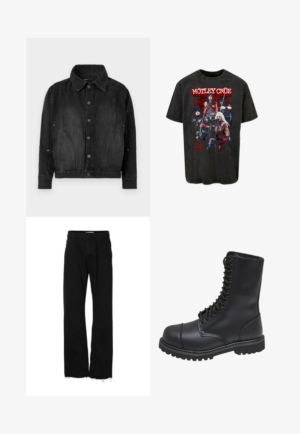 Veste en denim noir avec un devant à boutons, un col pointu, des manches longues et des coutures arrondies sur le devant et les manches.; Merchcode MOTLEY CRUE-LIVE MONTAGE ACID WASHED HEAVY - T-shirt imprimé - black; Pantalon noir droit avec fermeture bouton et zip, poches avant et ourlets légèrement effilochés.; Botte de combat en cuir noir avec un haut tige, fermeture lacée à l'avant, col rembourré et semelle texturée robuste pour une meilleure adhérence. Dotée d'un capuchon de protection renforcé.