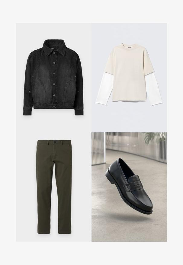 Sort denimjakke med knapper foran, spidse krave, lange ærmer og buede søm-detaljer på forsiden og ærmerne.; Beige T-shirt med korte ærmer lagt over en hvid langærmet skjorte med rund halsudskæring og "WEEKDAY" mærke indeni kraven.; Olivengrønne, lige ben bukser lavet af en blanding af bomuldsstof. Har en lynlås foran, bæltesløjfer og to sidelommer. Glat tekstur.; Sort lædersko med glat tekstur, spids tå og en dekorativ rem over vristen. Letvægts sål, minimalistisk design.