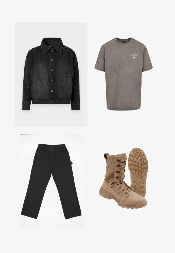 Zwarte denimjacket met knoopsluiting aan de voorkant, puntige kraag, lange mouwen en gebogen naaddetails aan de voorkant en mouwen.; Grijze oversized katoenen T-shirt met een ronde hals, korte mouwen, verouderde textuur en witte bedrukte tekst op de voorkant.; Zwarte denim broek met een rechte pijpdesign, voorzien van een knoopsluiting aan de voorkant, achterzakken en een zijvak voor cargo.; Tan tactische laars met veterontwerp tot aan de enkel en stevige rubberen zool, één laars rechtopstaand en één die het profielpatroon toont.