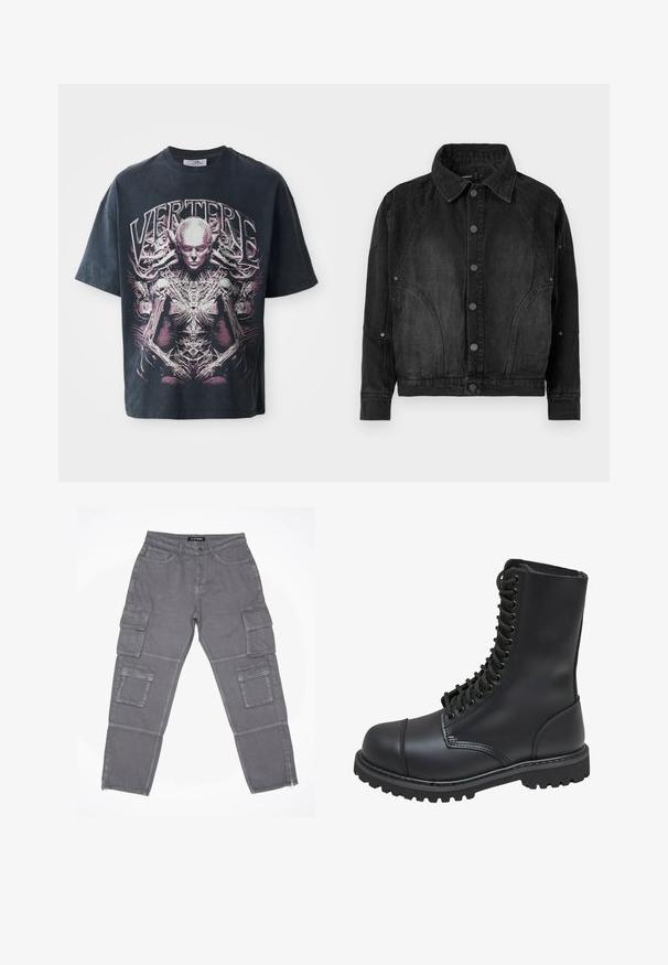 Schwarze Denimjacke mit Knopfverschluss, spitzem Kragen, langen Ärmeln und abgerundeten Nahtdetails an der Vorderseite und den Ärmeln.; Schwarzes T-Shirt aus Baumwolle mit einem großen pink-weißen Design einer humanoiden Figur, die über komplexe Details verfügt, sowie dem Text "VERTERE."; Graue Cargo-Hosen aus leicht strukturiertem Stoff, mit mehreren Seitentaschen, einem Reißverschluss am Saum und einem Knopfverschluss an der Taille.; Schwarze Lederkampfstiefel mit hohem Schaft, Schnürung an der Vorderseite, gepolstertem Kragen und rutschfester, strukturierter Sohle für guten Halt. Mit verstärkter Zehenkappe.