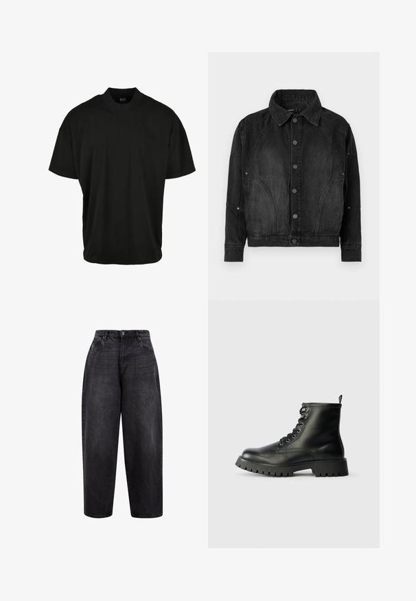 Sort denimjakke med knapper foran, spidse krave, lange ærmer og buede søm-detaljer på forsiden og ærmerne.; Sort kortærmet T-shirt med rund halsudskæring, lavet af blødt stof, med en afslappet pasform og uden synlige mønstre eller accenter.; Sorte denim brede bukser med høj talje, der har en knaplukning, frontlommer og en let vaskefinish for et afslappet look.; Sorte læder ankelsko med rund tå, seks huller til snørebånd og en tyk, tekstureret sål med dybe riller.