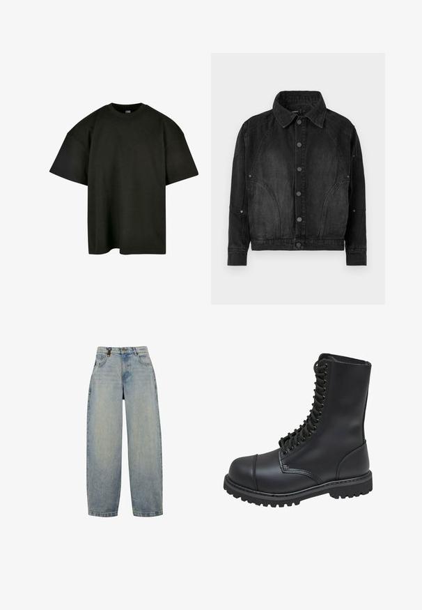 Zwarte denimjacket met knoopsluiting aan de voorkant, puntige kraag, lange mouwen en gebogen naaddetails aan de voorkant en mouwen.; Zwart oversized t-shirt van zachte katoen. Heeft een ronde ronde halslijn en korte mouwen, met een zachte textuur en een minimalistisch ontwerp.; Lichtblauwe denim jeans met een ontspannen pasvorm, voorzien van een hoge taille, wijde pijpen, een klassiek vijf-pocket ontwerp en metalen hardware accenten.; Zwarte leren gevechtslaars met een hoge schacht, vetersluiting aan de voorkant, gewatteerde kraag en een stevige, gestructureerde zool voor grip. Bevat een versterkte neus.