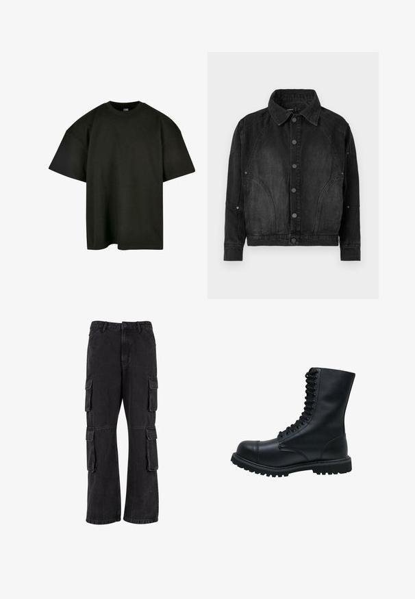 Sort denimjakke med knapper foran, spidse krave, lange ærmer og buede søm-detaljer på forsiden og ærmerne.; Sort oversized t-shirt i blød bomuld. Har en rund crew neckline og korte ærmer, med en glat tekstur og minimalistisk design.; Sorte cargo-bukser lavet af denim, med en løs pasform, flere sidelommer og syet detaljer. Teksturen er let falmet.; Sort læder snørebåndsstøvle med rund tå, høj skaft, tyk gummisål og struktureret overflade. Har forstærket syning langs sømmene.