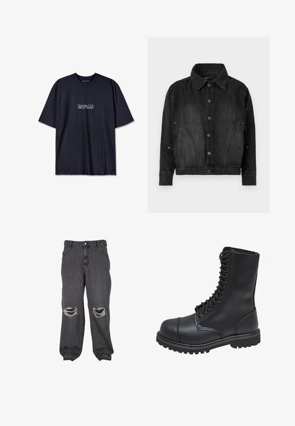 Schwarze Denimjacke mit Knopfverschluss, spitzem Kragen, langen Ärmeln und abgerundeten Nahtdetails an der Vorderseite und den Ärmeln.; Schwarzes Baumwoll-T-Shirt mit Rundhalsausschnitt, auf der Vorderseite mit einem weißen Drucklogo "Pescador Club" und "Scent of Summer" versehen. Kurze Ärmel.; Schwarze Jeans aus Denim mit lockerem Schnitt, die zwei große Risse an den Knien, schmal zulaufende Säume und einen klassischen Knopfverschluss aufweisen.; Schwarze Lederkampfstiefel mit hohem Schaft, Schnürung an der Vorderseite, gepolstertem Kragen und rutschfester, strukturierter Sohle für guten Halt. Mit verstärkter Zehenkappe.