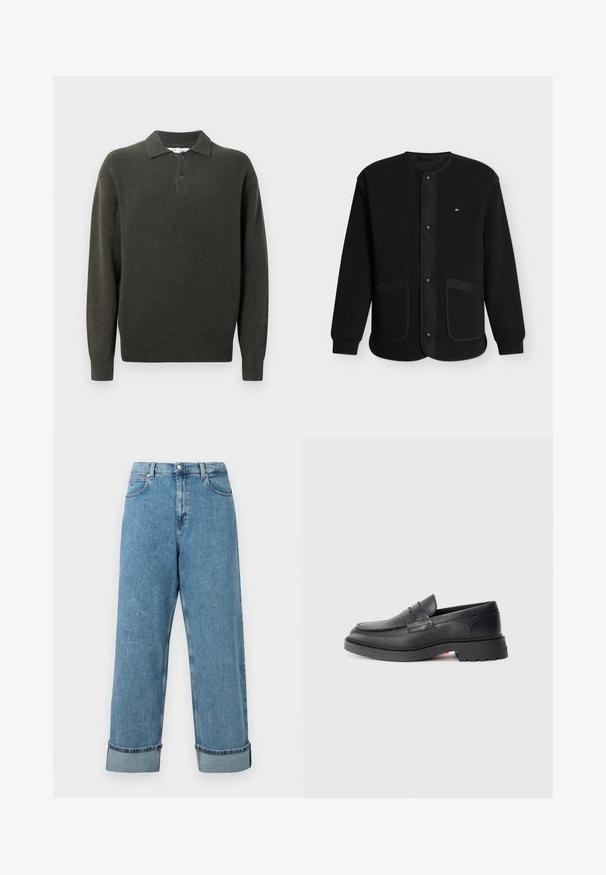 Veste noire à manches longues avec encolure ronde, fermeture à boutons-pression à l'avant, deux poches devant et petit logo rectangulaire rouge, blanc et bleu sur la poitrine.; Pull-over en vert foncé avec un col, patte de boutonnage à deux boutons et ourlet côtelé. Fabriqué dans un matériau texturé et doux.; Jeans en denim bleu taille haute avec des jambes larges et des ourlets retroussés, dotés de poches avant et de passants de ceinture.; Mocassins en cuir noir avec un bout arrondi, une couture surélevée et une semelle en caoutchouc épaisse. Design simple avec un branding minimal sur le côté.