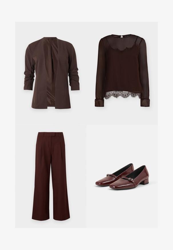 Donkerbruine blazer met open voorkant, driekwart gerimpelde mouwen, getailleerde pasvorm en ongevoerd binnenwerk tegen een lichte achtergrond.; Zwarte doorschijnende blouse met lange mouwen, kanten rand aan de zoom, ronde halslijn en een kleine knoopsluiting aan de achterkant.; Wijde, high-waist broek in donkerbruin met riemlussen en voorplooien, afgebeeld tegen een effen witte achtergrond.; Een paar glanzende donkerrode lage hak schoenen met een klein gespbandje over de bovenkant, geplaatst op een effen lichtgrijze achtergrond.