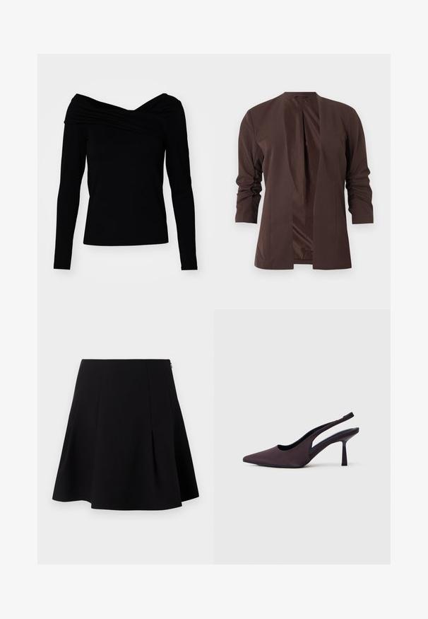Donkerbruine blazer met open voorkant, driekwart gerimpelde mouwen, getailleerde pasvorm en ongevoerd binnenwerk tegen een lichte achtergrond.; Zwarte off-the-shoulder top met lange mouwen, met een gedrapeerd ontwerp en een soepele textuur voor een aansluitende silhouet.; Zwarte flairrok met plooien aan de voorkant, een gladde textuur en een verborgen rits aan de achterkant.; Slingback schoenen met hak in donkerpaarse stof. Spits toelopend ontwerp, open zijkanten en een slanke, vierkante hak. Soepele textuur.