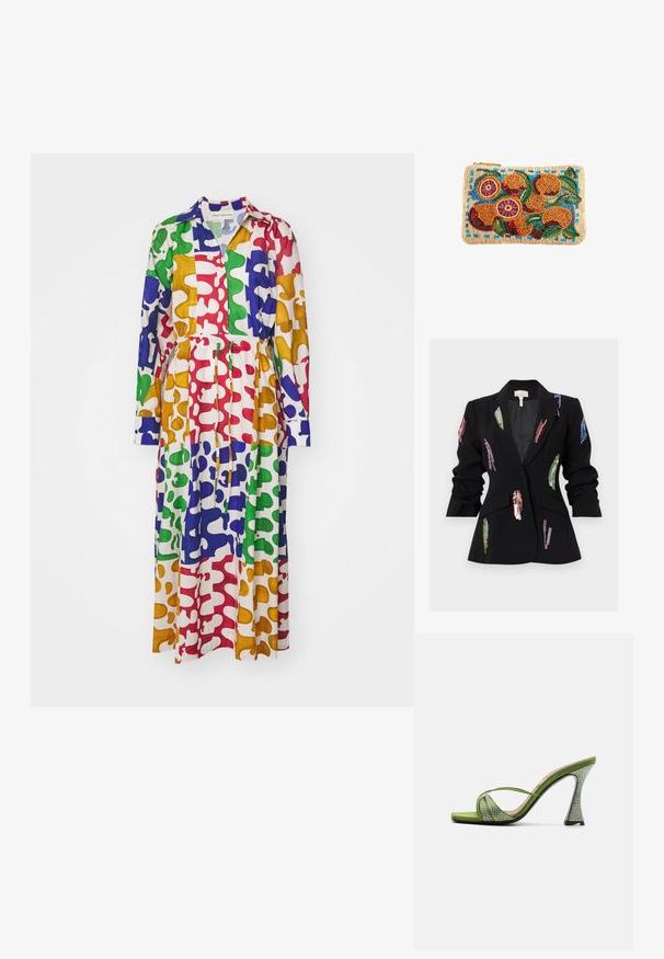 Blazer negro a medida con mangas fruncidas, un solo botón, bolsillos con solapa y adornos verticales de lentejuelas de colores dispersos en la parte delantera y las mangas.; Vestido de manga larga con cuello tipo camisa y un patrón abstracto multicolor en rojo, azul, verde, amarillo y blanco.; Sandalia abierta de satén verde con tiras entrecruzadas, adornada con strass. Presenta un tacón alto y arquitectónico con un acabado texturizado.; Bolso de mano rectangular beige con cuentas, con fruta naranja, hojas verdes y detalles azules bordados en cuentas coloridas.
