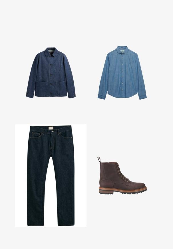 Donkerblauwe spijkerjas met kraag, knoopsluiting aan de voorkant, twee onderste zakken, een borstzak en knoopmanchetten.; Blauw chambray overhemd met lange mouwen, kraag, zeven knopen aan de voorkant en een klein geborduurd logo op de linkerborst.; Donkerblauwe denim jeans met een recht model, vijf zakken en contrasterende stiksels op de naden. Gladde stofstructuur.; Bruine leren veterschoenen tot boven de enkel met een gestructureerde afwerking, contrasterende beige zolen en metalen veteroogjes. Voorzien van een trekkoordje voor gemakkelijk aan- en uittrekken.