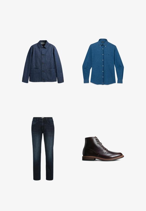 Donkerblauwe spijkerjas met kraag, knoopsluiting aan de voorkant, twee onderste zakken, een borstzak en knoopmanchetten.; Blauw denim overhemd met lange mouwen, knoopsluiting, een puntige kraag en een klein geborduurd logo op de linkerborst.; Donker gewassen denim jeans met een rechte pijp, voorzien van vijf zakken, een knopenritsing en subtiele vervaging langs de dijen.; Donkerbruine leren enkellaars met ronde neus, vetersluiting aan de voorkant en een gestapeld hak op een witte achtergrond.