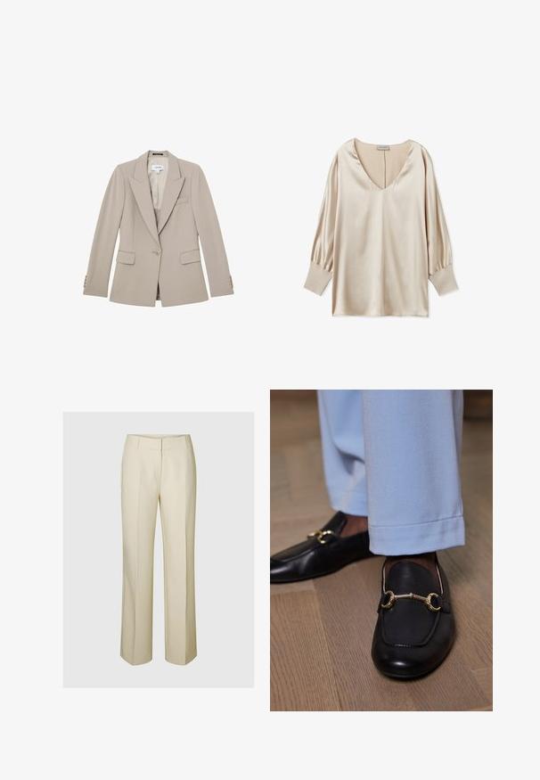 Beige enkeltknappet skræddersyet blazer med hakkede revers, to klaplommer, brystlomme og knapmanchetter, vist fladt på en hvid baggrund.; Beige satinbluse med dyb V-udskæring, lange puffærmer og tætsiddende manchetter. Glat tekstur og minimalistisk design.; Beige vide ben bukser med skræddersyet design, der har en glat front, sidelommer og et blødt, struktureret stof.; Sorte læder loafers med guld metalbit detalje båret med lyseblå bukser på trægulv.