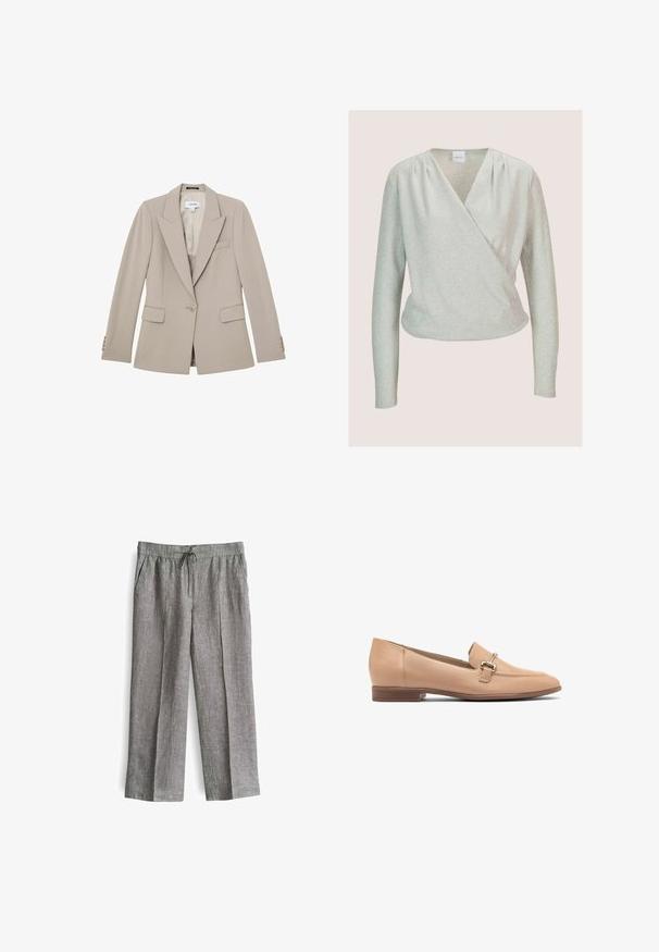 Beige getailleerde blazer met enkele knoop, met inkeping in de revers, twee klepzakken, borstzak en knoopmanchetten, plat gelegd op een witte achtergrond.; Zilveren, lange mouwen wikkeltop met een lichte glans. Bevat een v-hals en subtiele plooien bij de schouders. Zachte textuur, getailleerde silhouet.; Lichtgrijze linnenbroek met een losse pasvorm, een tailleband met koord, twee zijzakken en plooi-details aan de voorkant.; Beige leren instappers met een lage hak, voorzien van een gestikt ontwerp en een kleine zilveren hardwareaccent op de bovenkant. Glad textuur.