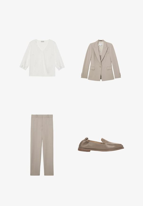 Beige getailleerde blazer met enkele knoop, met inkeping in de revers, twee klepzakken, borstzak en knoopmanchetten, plat gelegd op een witte achtergrond.; Witte blouse met lange mouwen, een diepe V-hals, zacht satijnachtig materiaal en gathered manchetten voor een relaxed fit.; Beige rechte broek met riemlussen en een strak, minimalistisch ontwerp, plat weergegeven op een witte achtergrond.; Zachte beige leren instapschoen met platte zool, lage hak, elastische achterkant en bovenste stiksels in mocassijnstijl.