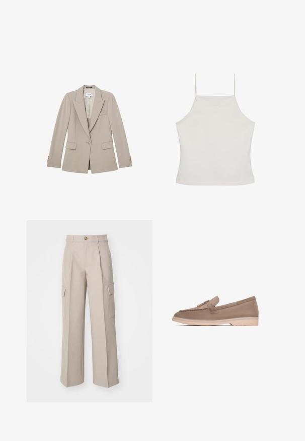 Beige enkeltknappet skræddersyet blazer med hakkede revers, to klaplommer, brystlomme og knapmanchetter, vist fladt på en hvid baggrund.; Hvid ærmeløs crop top med tynde stropper og diskret "cK"-logo broderet på brystet, ensfarvet baggrund.; Beige brede bukser lavet af stof, med frontfolder og to sidecargo-lommer. Indeholder en frontknaplukning.; Brune læder loafer med en glat tekstur, der har et dekorativt bånd og guldfarvet hardware, hviler på en lys beige gummisål.