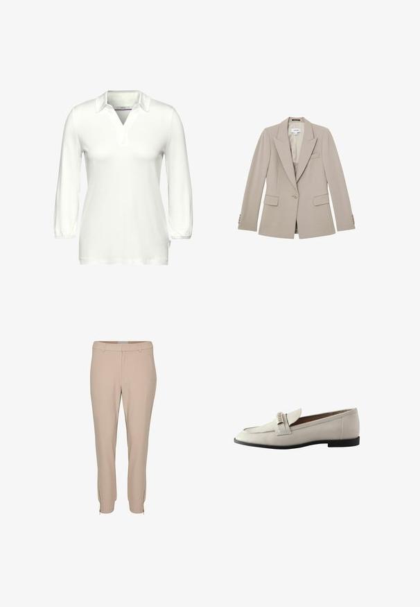 Blazer beige ajusté à un bouton avec revers crantés, deux poches à rabat, poche poitrine et poignets boutonnés, présenté à plat sur fond blanc.; Polo-shirt blanc à manches longues en tissu doux, avec un col en V et une patte de boutonnage. Poignets élastiques et étiquette sur le côté.; Pantalons beiges ajustés, dotés de poches latérales et de détails zippés à l'ourlet, fabriqués dans un tissu lisse et léger.; Mocassin en cuir gris clair avec un bout arrondi, une sangle décorative sur le devant et un petit talon en caoutchouc noir. Texture lisse avec des embellissements minimes.