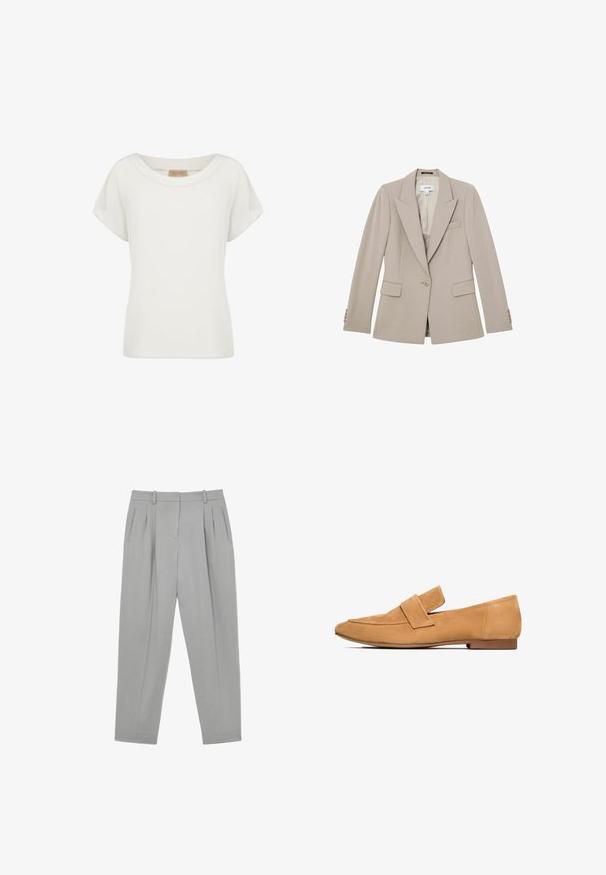 Beige getailleerde blazer met enkele knoop, met inkeping in de revers, twee klepzakken, borstzak en knoopmanchetten, plat gelegd op een witte achtergrond.; Witte dames top met korte mouwen, een ronde halslijn en een klein beige labeltje aan de binnenkant van de kraag.; Lichtgrijze op maat gemaakte broek met voorplooien, zijzakken met een split, riemlussen en een rechte pijp.; Tan suède instappers met een platte hak, ronde neus en een gestikte band over de wreef voor een verfijnde afwerking.