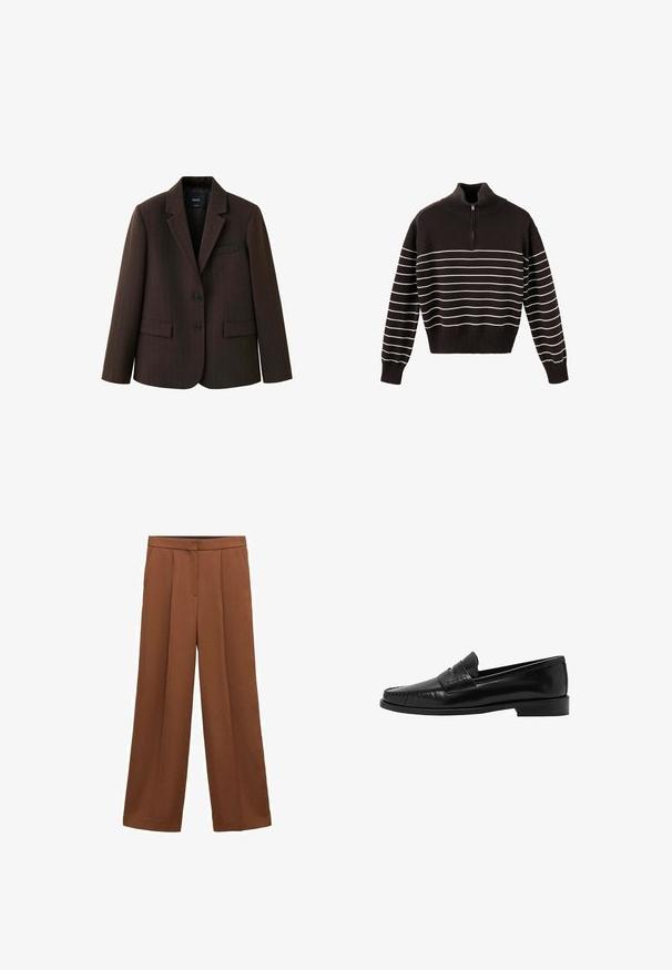 Blazer marrón oscuro con rayas finas, dos botones, solapas con muesca y bolsillos de tapeta, exhibido sobre un fondo blanco.; Jersey de punto marrón oscuro con rayas horizontales blancas, cuello alto de canalé con cremallera, mangas largas y puños y bajo de canalé.; Pantalones marrones de pierna ancha y cintura alta con pliegues frontales y bolsillos laterales, con cremallera oculta en el frente y cierre en la cinturilla.; Mango Zapatos sin cordones - black