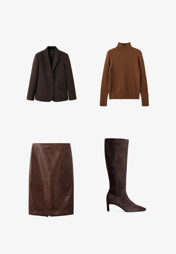 Blazer marron foncé à fines rayures, avec deux boutons, revers en encoche et poches à rabats, présenté sur fond blanc.; Pull à col roulé marron en matériau doux, avec des poignets côtelés ornés de boutons et une coupe ajustée. Texture lisse sur toute la surface.; Jupe crayon en cuir synthétique marron foncé façon crocodile avec une petite fente avant à l'ourlet, longueur genou, sans fermetures apparentes ni ornements.; Botte en daim marron haute jusqu'au genou avec un bout pointu et un talon de 3 pouces. Texture lisse, silhouette élégante et design minimaliste.