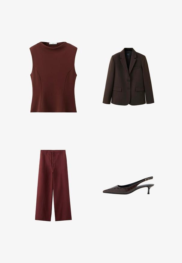 Blazer marron foncé à fines rayures, avec deux boutons, revers en encoche et poches à rabats, présenté sur fond blanc.; Haut ajusté sans manches de couleur brun foncé avec un col rond haut et des coutures discrètes sur les panneaux avant.; Pantalon bordeaux taille haute, jambes larges, avec un lien à l'avant et des passants pour ceinture, en tissu texturé, présenté à plat sur fond blanc.; Escarpin slingback en cuir marron à motif crocodile avec bout pointu et petit talon kitten avec une petite bride à boucle dorée.