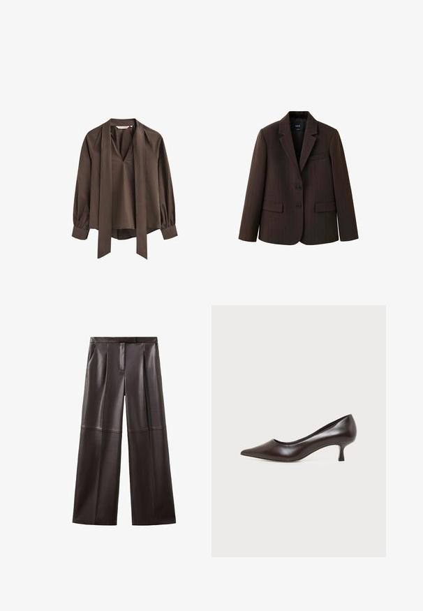 Blazer marrón oscuro con rayas finas, dos botones, solapas con muesca y bolsillos de tapeta, exhibido sobre un fondo blanco.; Blusa marrón de manga larga con escote en V profundo, corbata ancha adjunta y puños fruncidos.; Pantalones anchos de talle alto en marrón oscuro de imitación cuero, con bolsillos delanteros y detalles de costuras sobre las rodillas.; Zapato de tacón bajo de cuero marrón oscuro con punta afilada sobre fondo blanco.