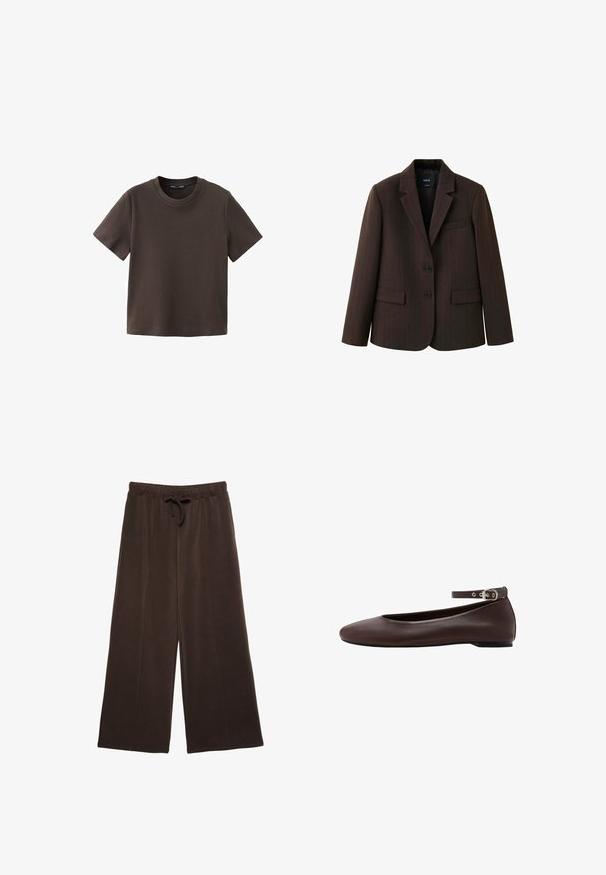 Blazer marron foncé à fines rayures, avec deux boutons, revers en encoche et poches à rabats, présenté sur fond blanc.; T-shirt uni marron foncé à manches courtes et col rond, avec un ourlet droit, présenté sur un fond blanc.; Pantalon marron à jambes larges avec taille élastique et cordon, en tissu doux, présenté sur fond blanc.; Chaussure plate marron foncé avec bout arrondi et bride de cheville réglable avec boucle argentée sur fond blanc.
