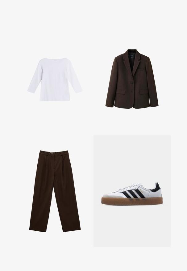 Donkerbruine pinstripe blazer met twee knopen, notch revers en klepzakken, afgebeeld tegen een witte achtergrond.; Wit shirt met lange mouwen en boothals, gemaakt van zachte stof, afgebeeld op een effen witte achtergrond.; Donkerbruine wijde broek met hoge taille, voorzien van ceintuurlussen en voorplooien, ontworpen voor een ontspannen pasvorm.; Witte leren sneakers met zwarte strepen, gumrubberen buitenzool, ronde neus, vetersluiting en een zachte grijze suède neuskap.