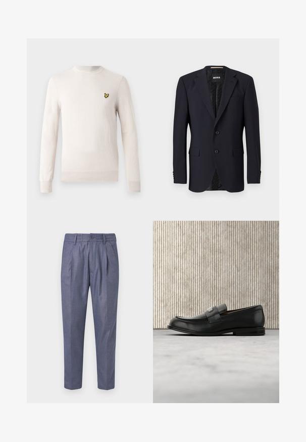 Marineblå blazer lavet af tekstureret stof, med en to-knaps lukning, klippede revers og to frontlommer. Foring med mønster.; Lysebeige sweater med lange ærmer, rund hals og ribbet kant. Har et lille sort og gult broderet logo på brystet.; Blå vævede bukser med skræddersyet pasform, der har frontfolder, knaplukning og en glat tekstur. Kropslængde med lige ben.; Sort læderloafer med metalbrandskilt hvilende nær et brunt rundt bord på beige tæppe.